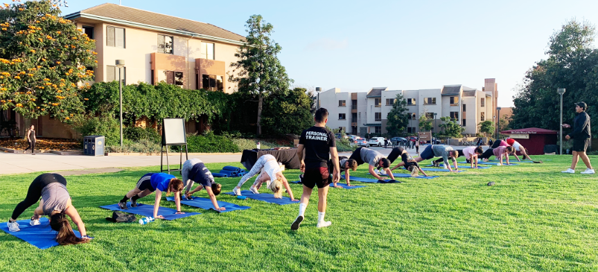 members working out on the grass